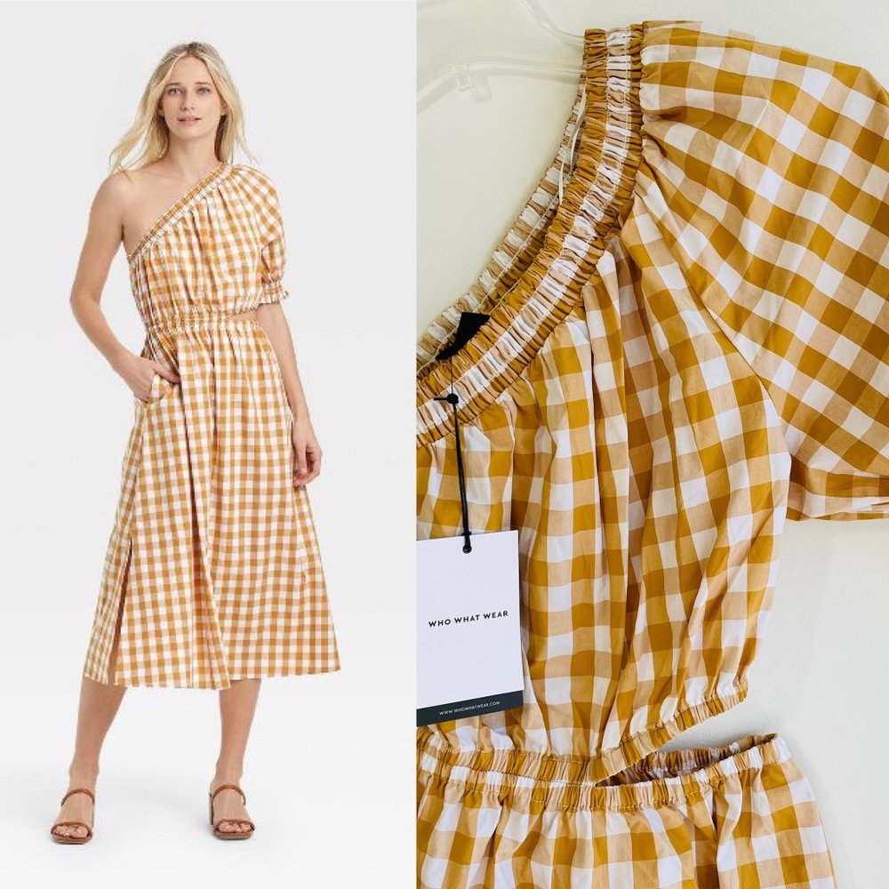 Who What Wear Women's Dress XXL Cut Out Puff One Sleeve Midi Gingham Brown New